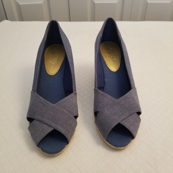 Chaps Shoes - Chaps blue denim espadrille shoes wedge heels size 9B